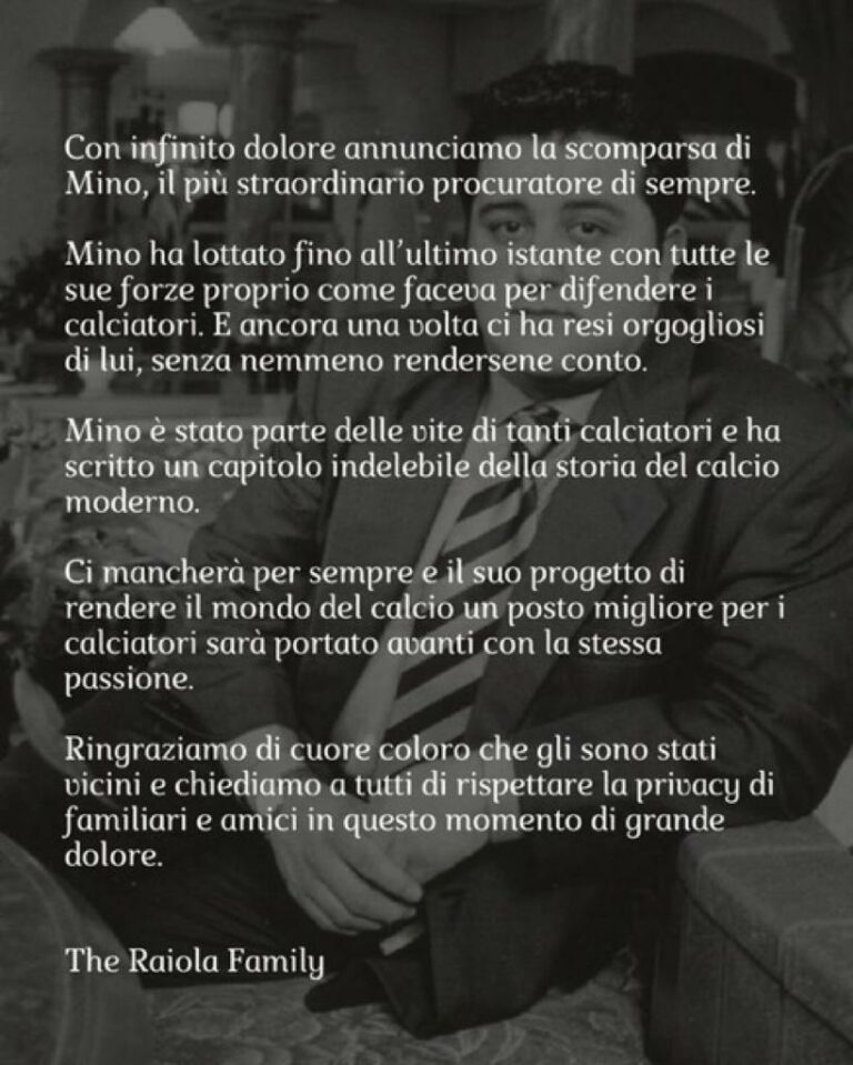 Mino Raiola è morto: l’annuncio della famiglia