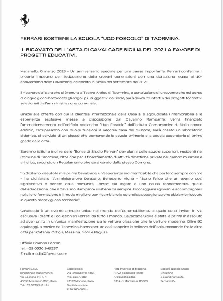 Ferrari: "Il ricavato dell'asta Cavalcade 2021 alla scuola Foscolo di Taormina" 1 IMG 20230306 WA0002