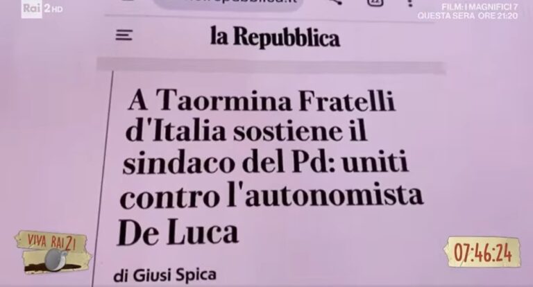 Fiorello a VivaRai2: “A Taormina Fratelli d’Italia sostiene sindaco Pd. Tutti contro De Luca. Incredibile (VIDEO)”