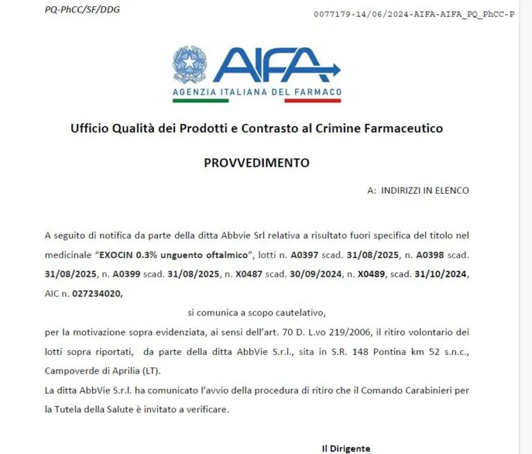 AbbVie ritira alcuni lotti del farmaco oftalmico Exocin