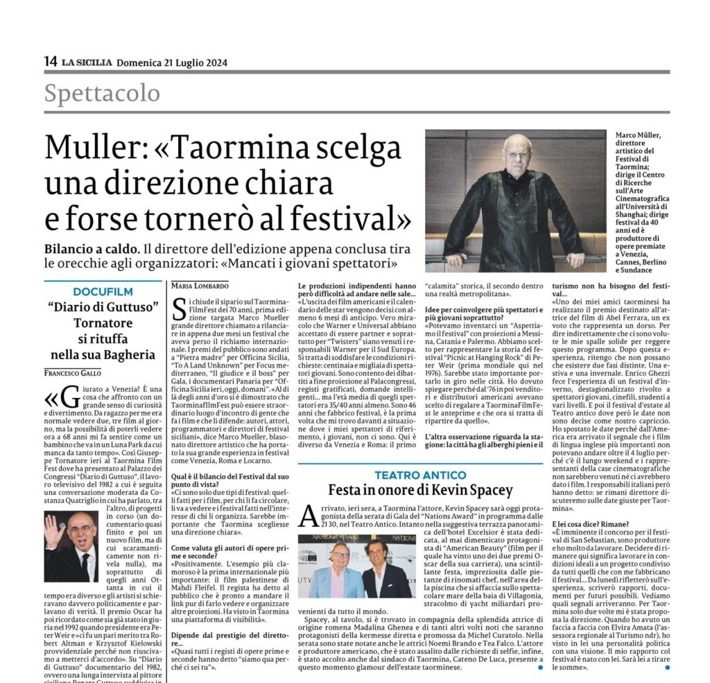 Tao Film Fest, Muller: "Taormina scelga una direzione chiara" (La Sicilia) 1 Muller