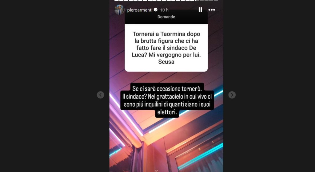 Armenti: "Il sindaco di Taormina? Nel grattacielo dove vivo ci sono più inquilini dei suoi elettori" 1 Piero Armenti risponde a De Luca