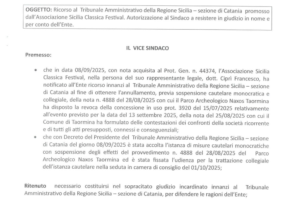 Carmen al Teatro Antico, Taormina si costituisce al Tar nel secondo round del 1 ottobre. L'opera è già andata in scena il 13 settembre... 1 TN24 delibera di Giunta del 22 settembre 2025