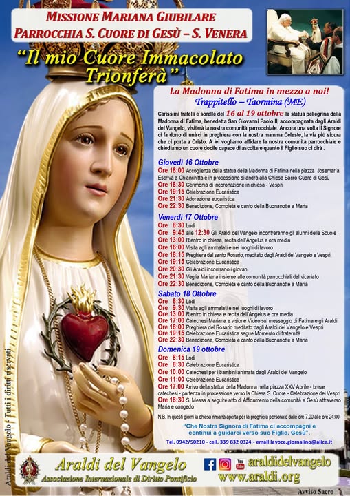 La Madonna di Fatima dal 16 al 19 ottobre a Trappitello (Taormina) 1 Madonna di Fatima a Taormina il programma