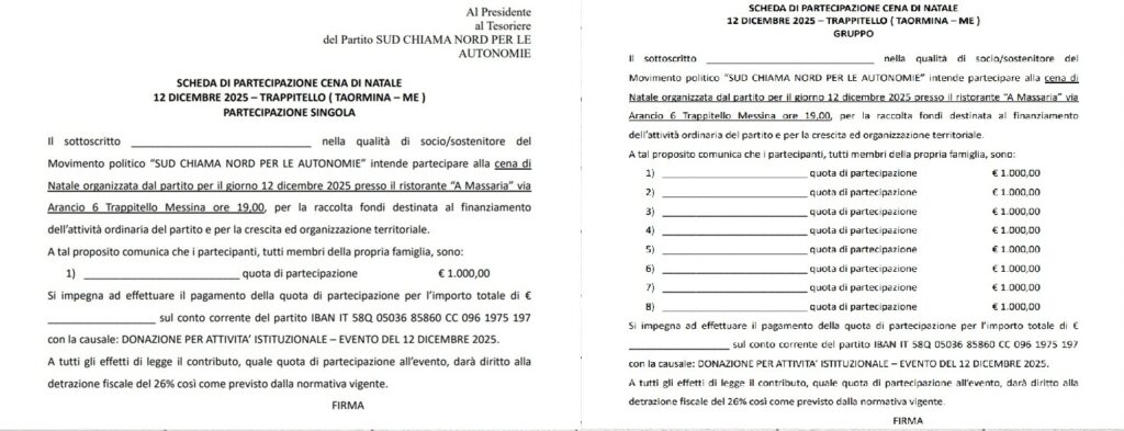 Taormina, De Luca batte cassa per la cena natalizia di Sud chiama Nord: "Sosteniamoci!". Ecco le quote... 1 Cena ScN 01