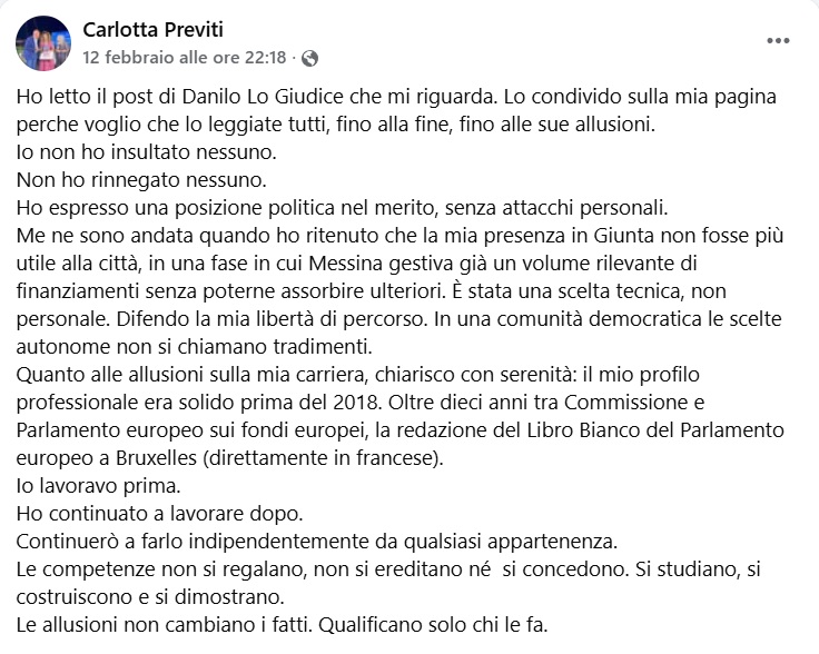 Carlotta Previti replica a Danilo Lo Giudice