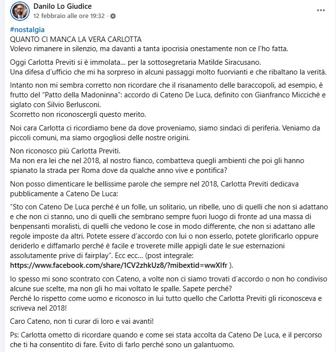 Danilo Lo Giudice post su Carlotta Previti