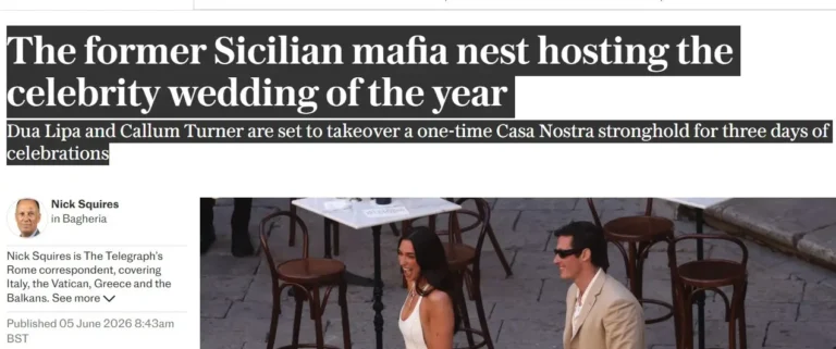 “Sicilia covo di mafia”, polemiche per il titolo del Telegraph sul matrimonio di Dua Lipa